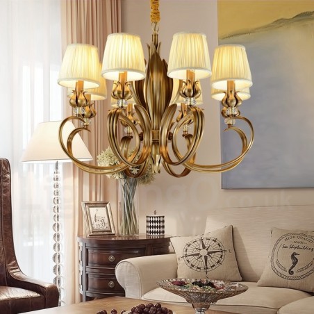 Lampadario a sospensione retrò rustico in ottone con paralume in tessuto, 8 luci E14