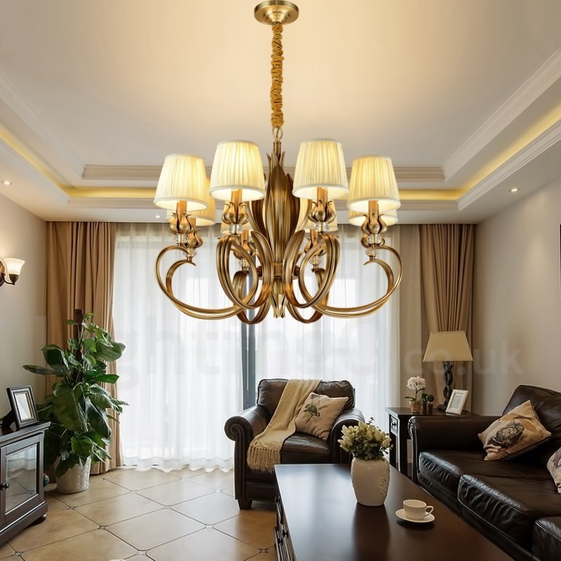 Lampadario a sospensione retrò rustico in ottone con paralume in tessuto, 8 luci E14