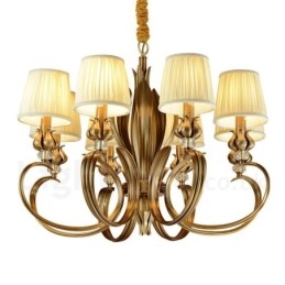 Lampadario a sospensione retrò rustico in ottone con paralume in tessuto, 8 luci E14