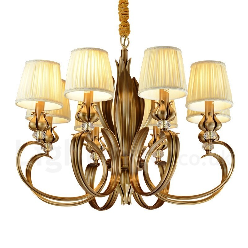 Lampadario a sospensione retrò rustico in ottone con paralume in tessuto, 8 luci E14