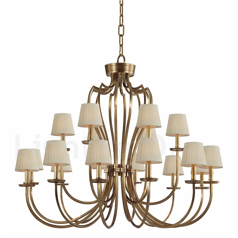 Lampadario a sospensione in ottone retrò rustico 18 luci con paralume in tessuto E14 110 cm
