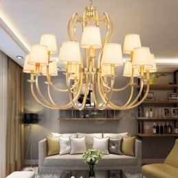 Lampadario a sospensione in ottone retrò rustico 18 luci con paralume in tessuto E14 110 cm