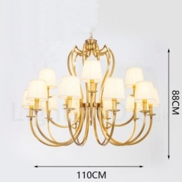Lampadario a sospensione in ottone retrò rustico 18 luci con paralume in tessuto E14 110 cm