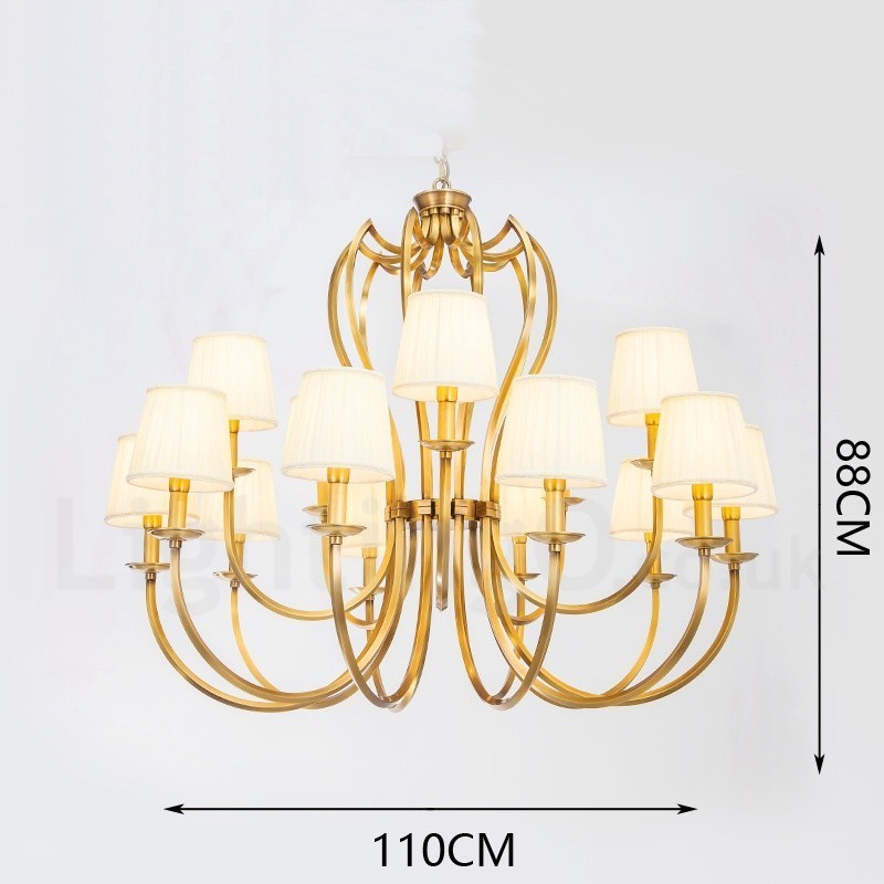 Lampadario a sospensione in ottone retrò rustico 18 luci con paralume in tessuto E14 110 cm
