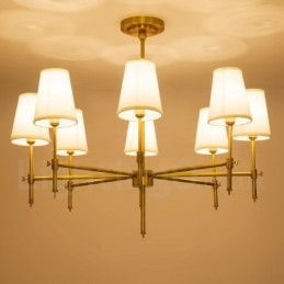 Lampadario a sospensione in ottone retrò rustico con paralume in tessuto, 8 luci E14