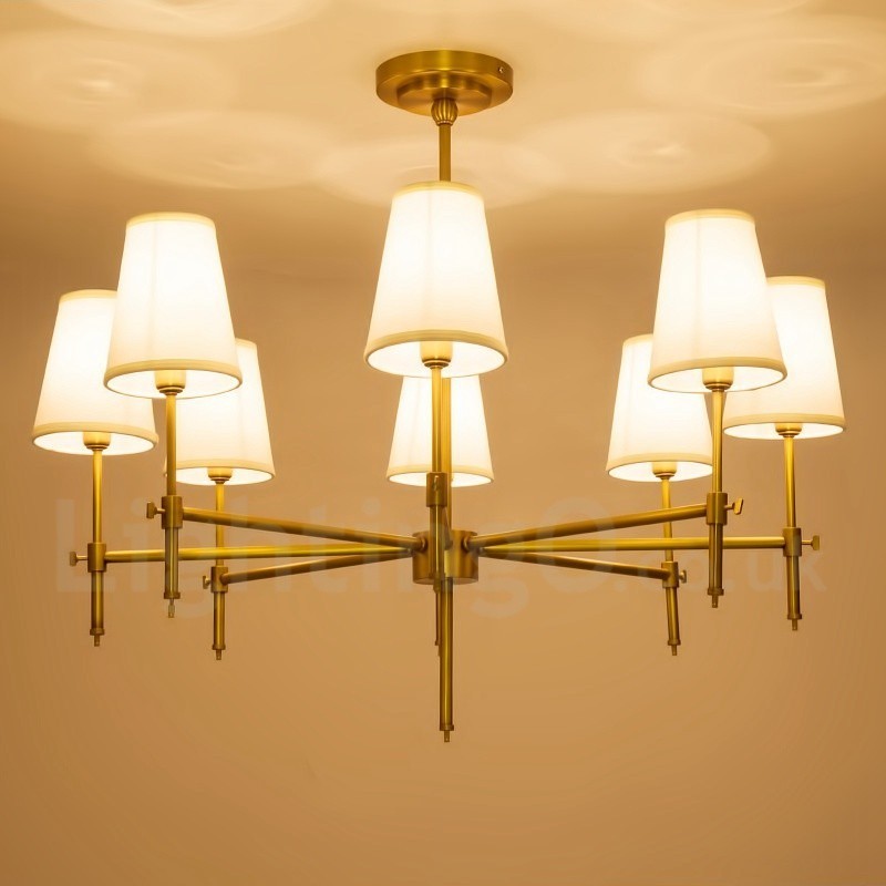 Lampadario a sospensione in ottone retrò rustico con paralume in tessuto, 8 luci E14