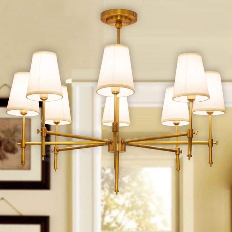Lampadario a sospensione in ottone retrò rustico con paralume in tessuto, 8 luci E14