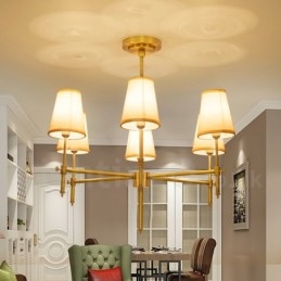 Lampadario a sospensione rustico retrò in ottone con paralumi in tessuto 6 luci E14 Ø 76 cm