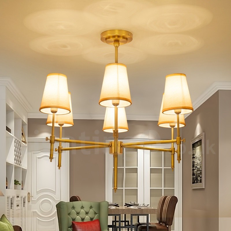 Lampadario a sospensione rustico retrò in ottone con paralumi in tessuto 6 luci E14 Ø 76 cm