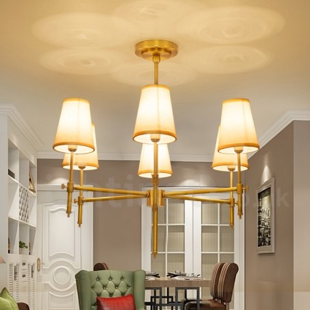 Lampadario a sospensione rustico retrò in ottone con paralumi in tessuto 6 luci E14 Ø 76 cm