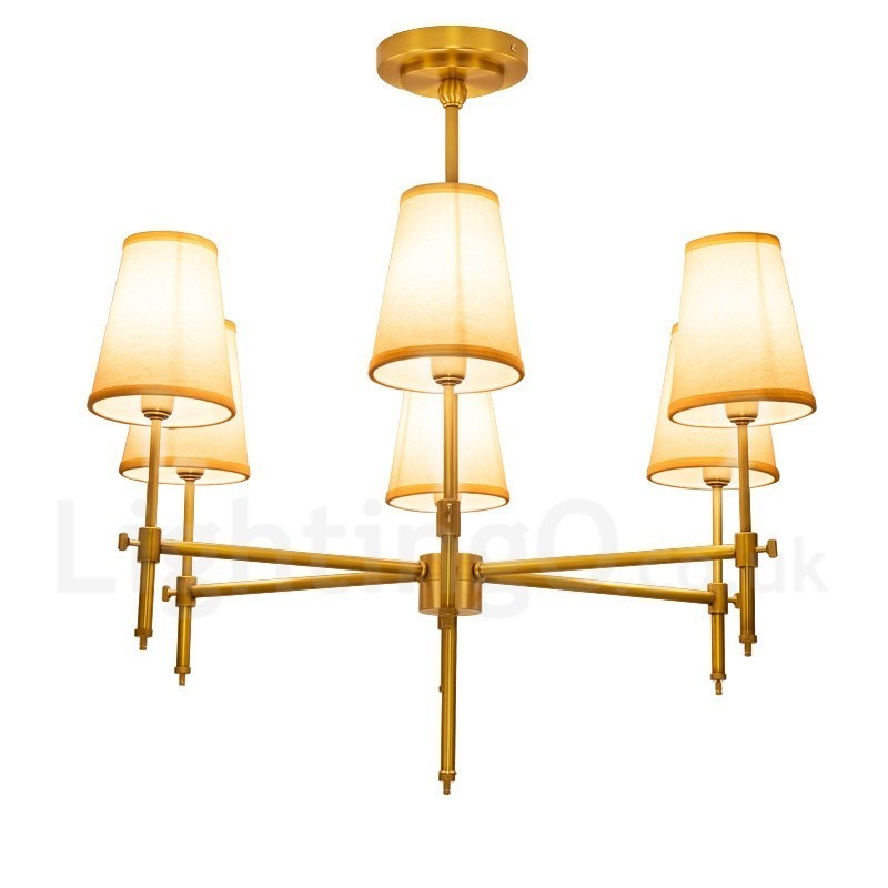 Lampadario a sospensione rustico retrò in ottone con paralumi in tessuto 6 luci E14 Ø 76 cm