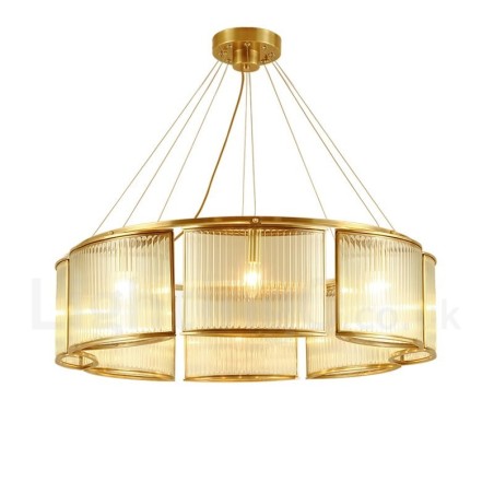 Lampadario a sospensione in ottone retrò rustico 8 luci con paralume in vetro E14