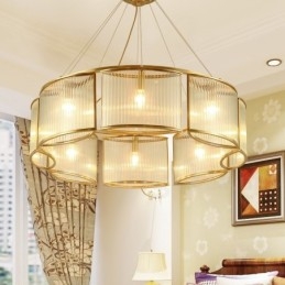 Lampadario a sospensione in ottone retrò rustico 8 luci con paralume in vetro E14