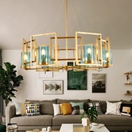 Lampadario a sospensione retrò rustico in ottone e vetro a 6 luci E14, Ø 85 cm, H 75 cm