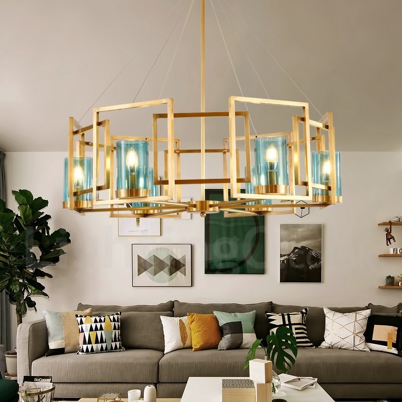 Lampadario a sospensione retrò rustico in ottone e vetro a 6 luci E14, Ø 85 cm, H 75 cm