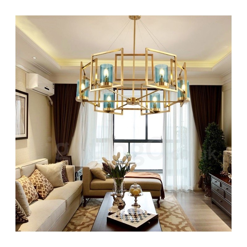 Lampadario a sospensione retrò rustico in ottone e vetro a 6 luci E14, Ø 85 cm, H 75 cm