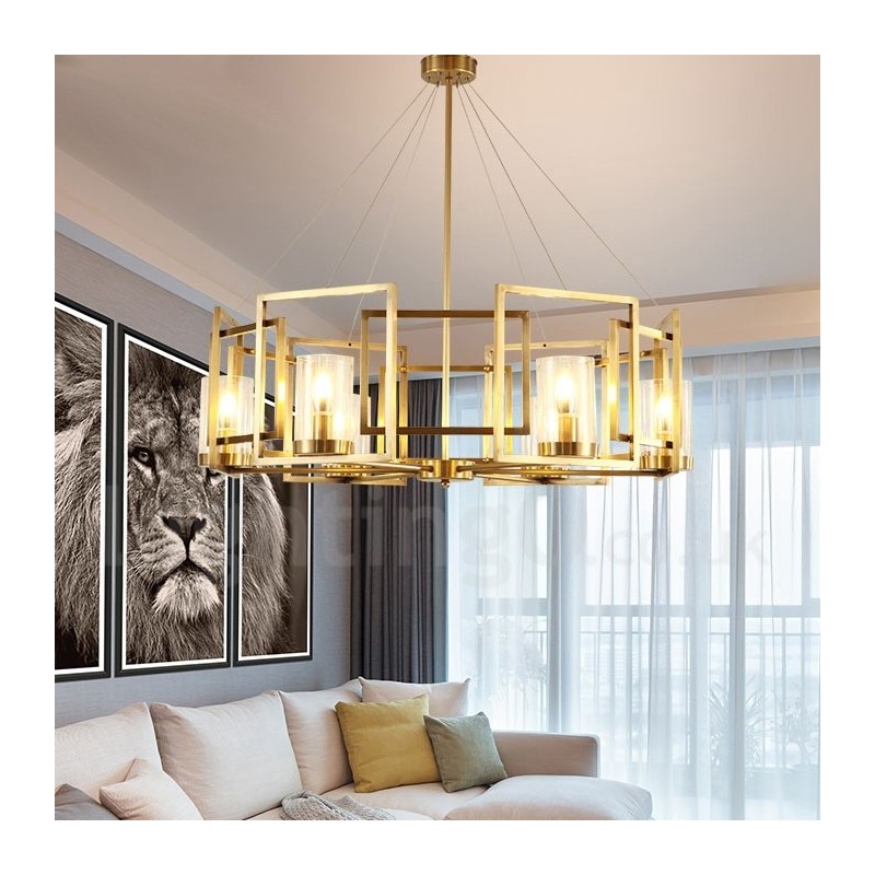 Lampadario a sospensione rustico retrò in ottone e vetro a 6 luci E14 Ø 85 cm