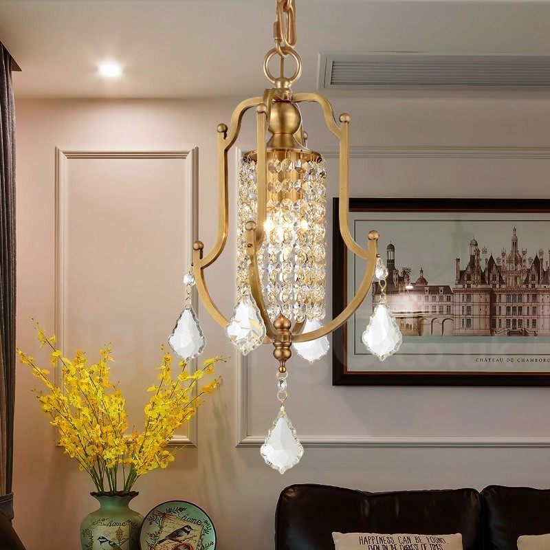 Lampadario a sospensione rustico retrò in ottone con paralume in cristallo 1 luce E14 Ø 20 cm H 36 cm