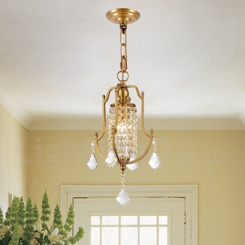 Lampadario a sospensione rustico retrò in ottone con paralume in cristallo 1 luce E14 Ø 20 cm H 36 cm