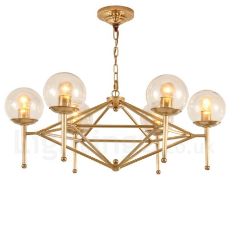 Lampadario a sospensione retrò rustico in ottone e vetro a 6 luci E14 Ø 75 cm