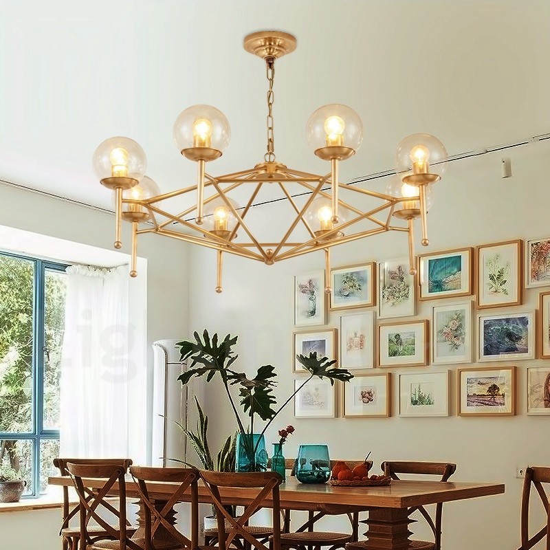 Lampadario a sospensione retrò rustico in ottone e vetro a 6 luci E14 Ø 75 cm