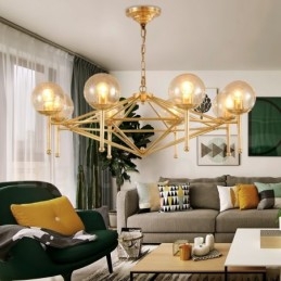 Lampadario a sospensione retrò rustico in ottone e vetro a 6 luci E14 Ø 75 cm