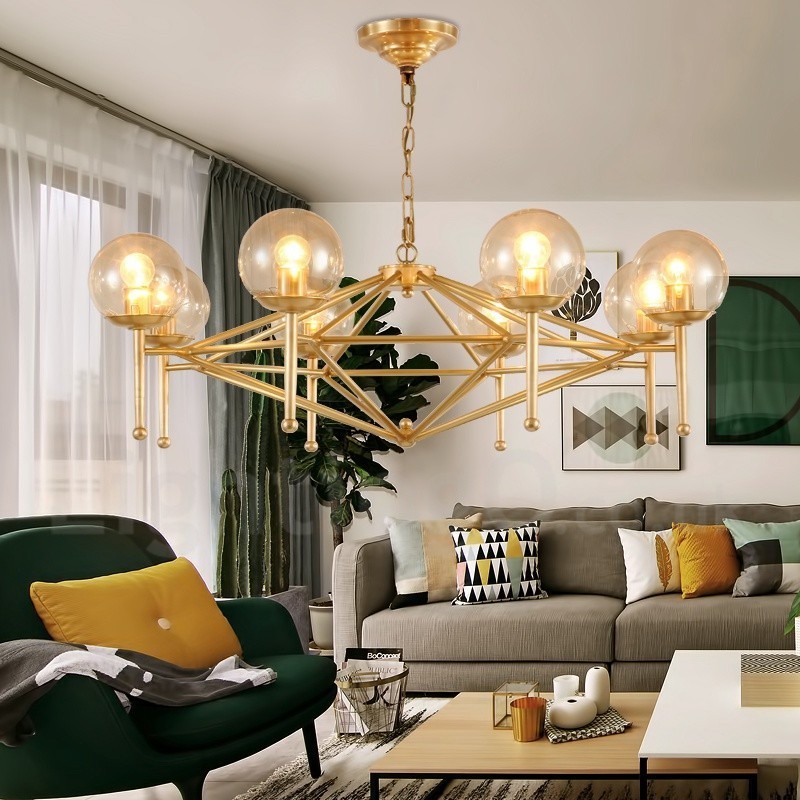 Lampadario a sospensione retrò rustico in ottone e vetro a 6 luci E14 Ø 75 cm