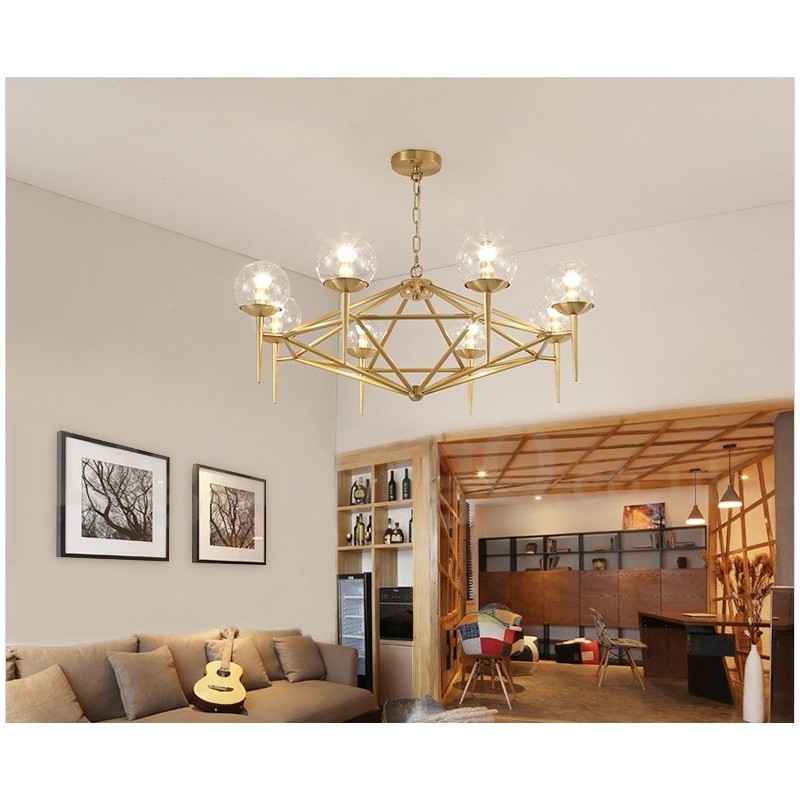 Lampadario a sospensione retrò rustico in ottone e vetro a 6 luci E14 Ø 75 cm