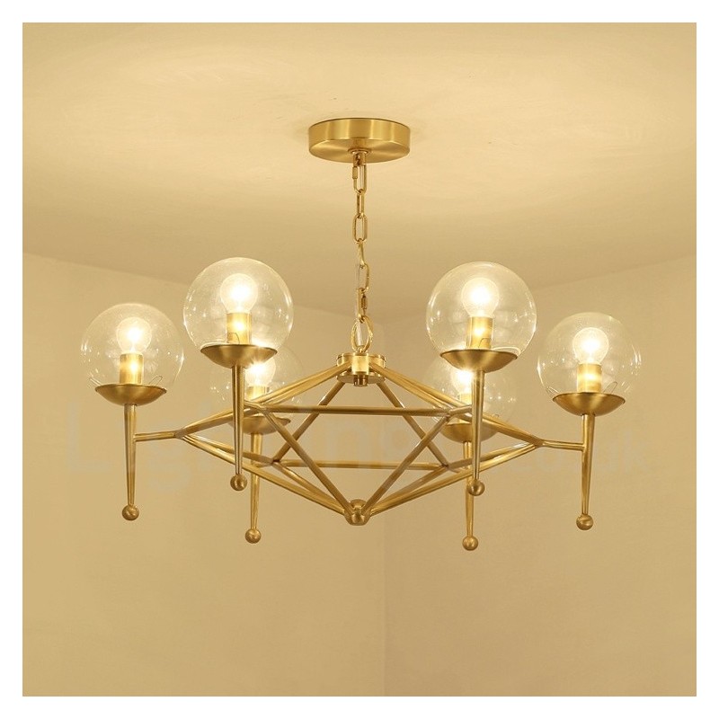 Lampadario a sospensione retrò rustico in ottone e vetro a 6 luci E14 Ø 75 cm