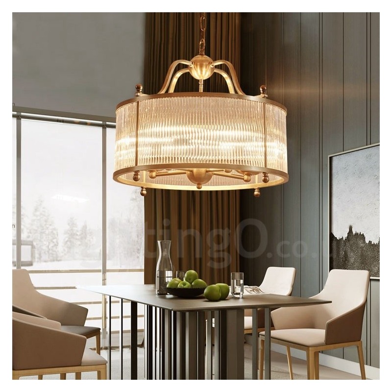 Lampadario a sospensione rustico retrò in ottone con paralume in vetro a 5 luci E14