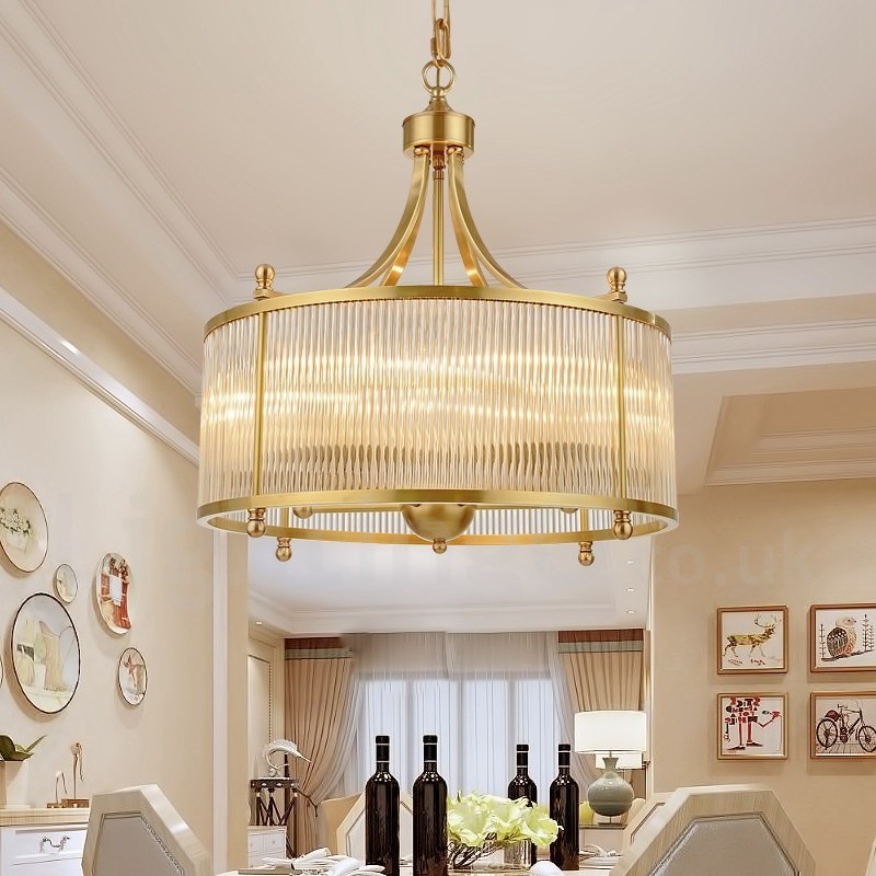 Lampadario a sospensione rustico retrò in ottone con paralume in vetro a 5 luci E14