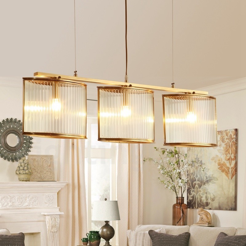 Lampadario a sospensione rustico retrò in ottone con paralume in vetro, 3 luci E14