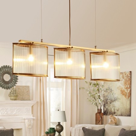 Lampadario a sospensione rustico retrò in ottone con paralume in vetro, 3 luci E14