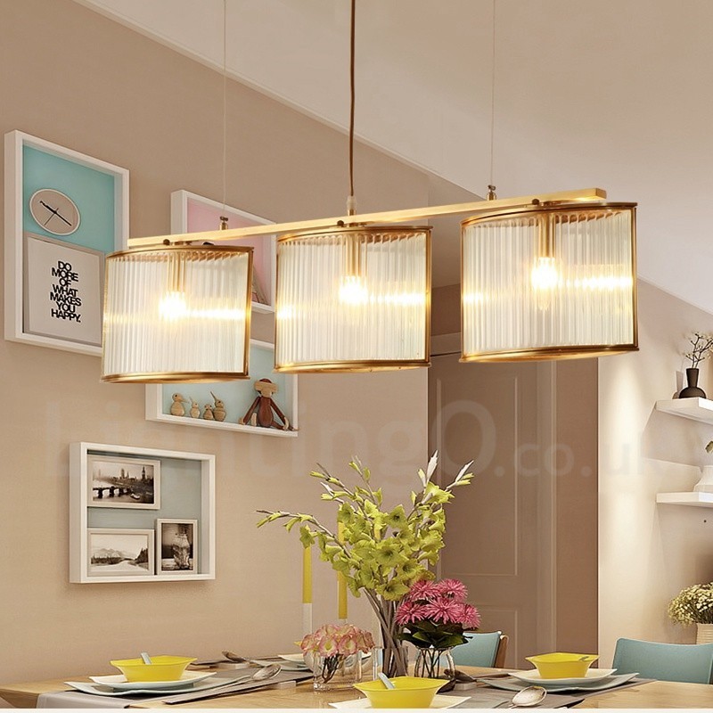 Lampadario a sospensione rustico retrò in ottone con paralume in vetro, 3 luci E14