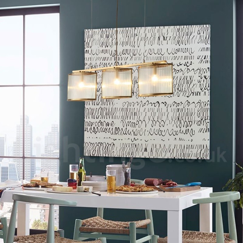 Lampadario a sospensione rustico retrò in ottone con paralume in vetro, 3 luci E14