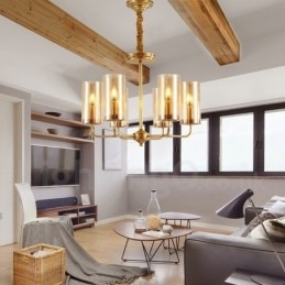 Lampadario a sospensione rustico retrò in ottone a 6 luci con paralumi in vetro E14