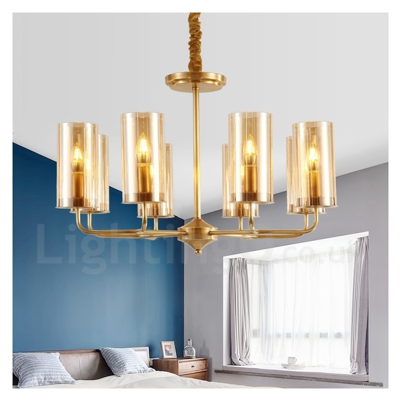 Lampadario a sospensione retrò rustico in ottone e vetro a 8 luci E14