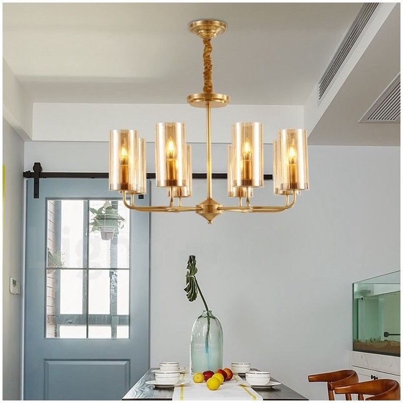Lampadario a sospensione retrò rustico in ottone e vetro a 8 luci E14