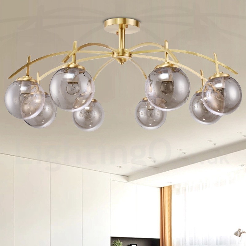 Lampadario a sospensione rustico retrò in ottone e vetro 8 luci E27 80 x 40 cm