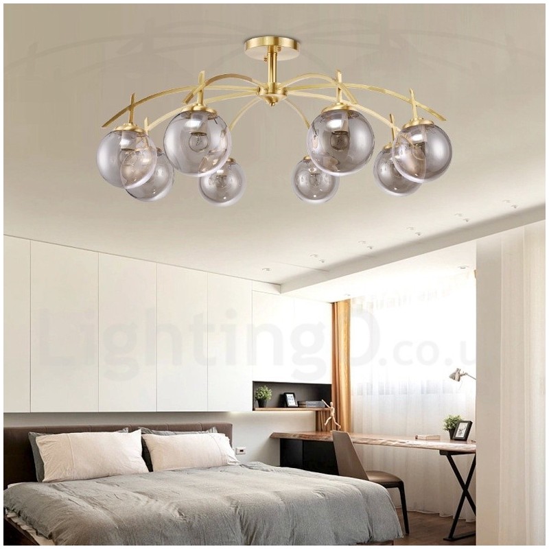 Lampadario a sospensione rustico retrò in ottone e vetro 8 luci E27 80 x 40 cm