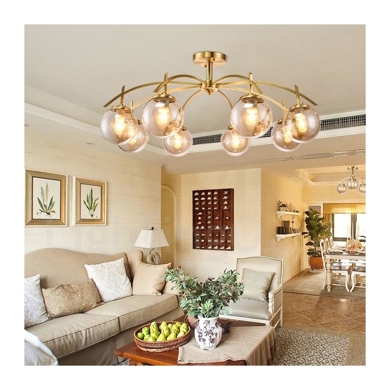 Lampadario a sospensione rustico retrò in ottone e vetro 8 luci E27 80 x 40 cm