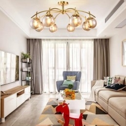 Lampadario a sospensione rustico retrò in ottone e vetro 8 luci E27 80 x 40 cm