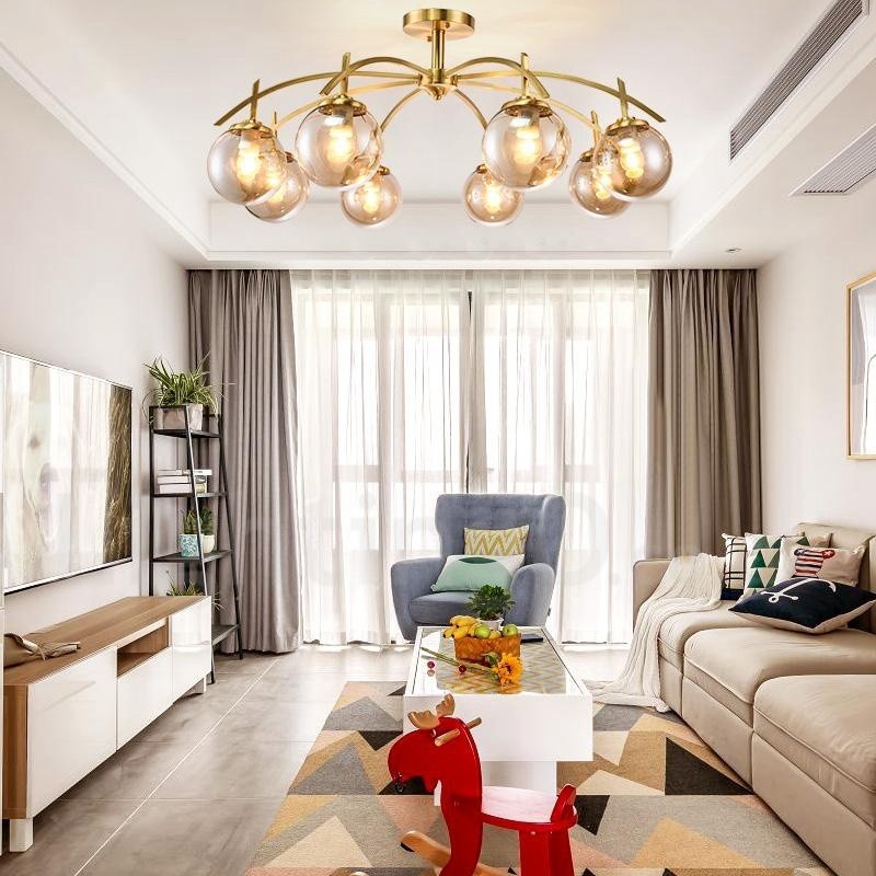 Lampadario a sospensione rustico retrò in ottone e vetro 8 luci E27 80 x 40 cm