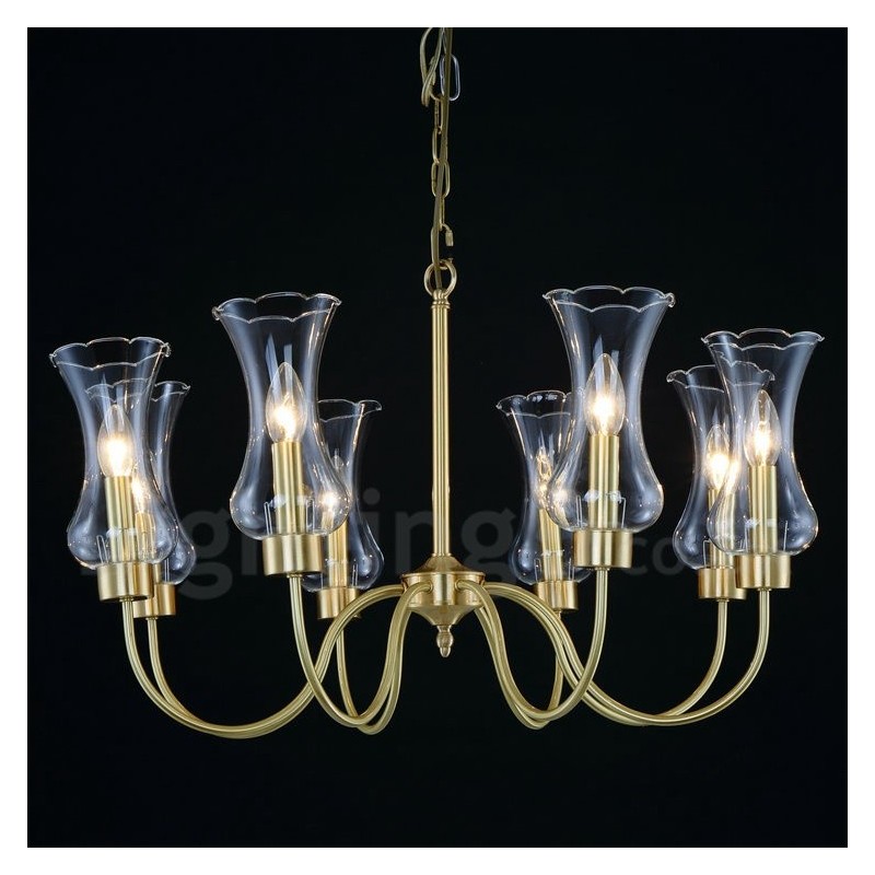 Lampadario a sospensione retrò rustico in ottone con 8 luci e paralumi in vetro