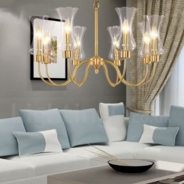 Lampadario a sospensione retrò rustico in ottone con 8 luci e paralumi in vetro