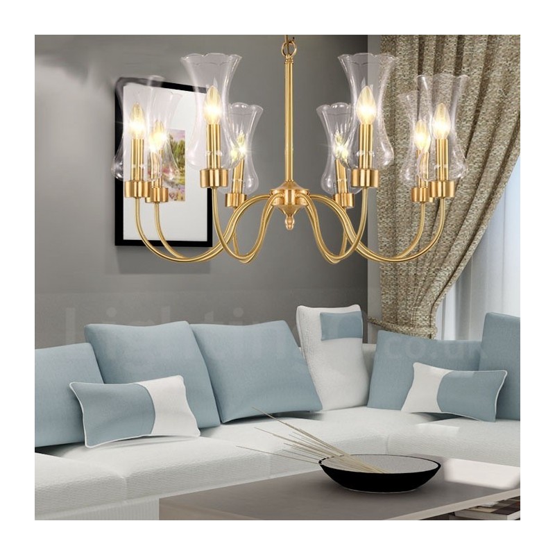 Lampadario a sospensione retrò rustico in ottone con 8 luci e paralumi in vetro
