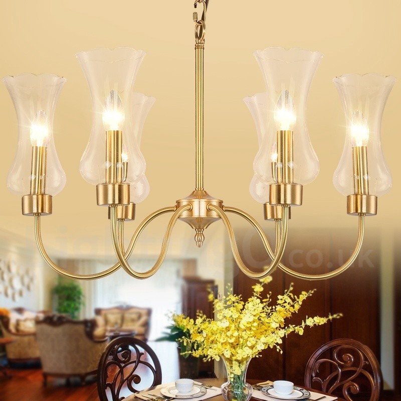 Lampadario a sospensione rustico retrò in ottone e vetro 6 luci E14