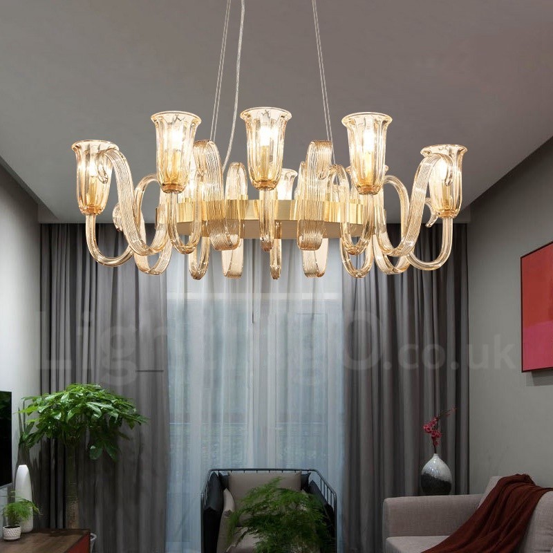 Lampadario a sospensione rustico retrò in lega di alluminio 8 luci con paralume in vetro E14