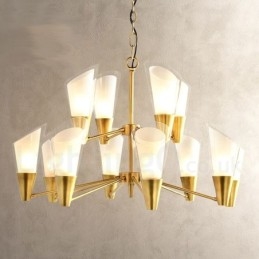 Lampadario a sospensione in ottone retrò rustico con 12 luci e paralumi in vetro E14