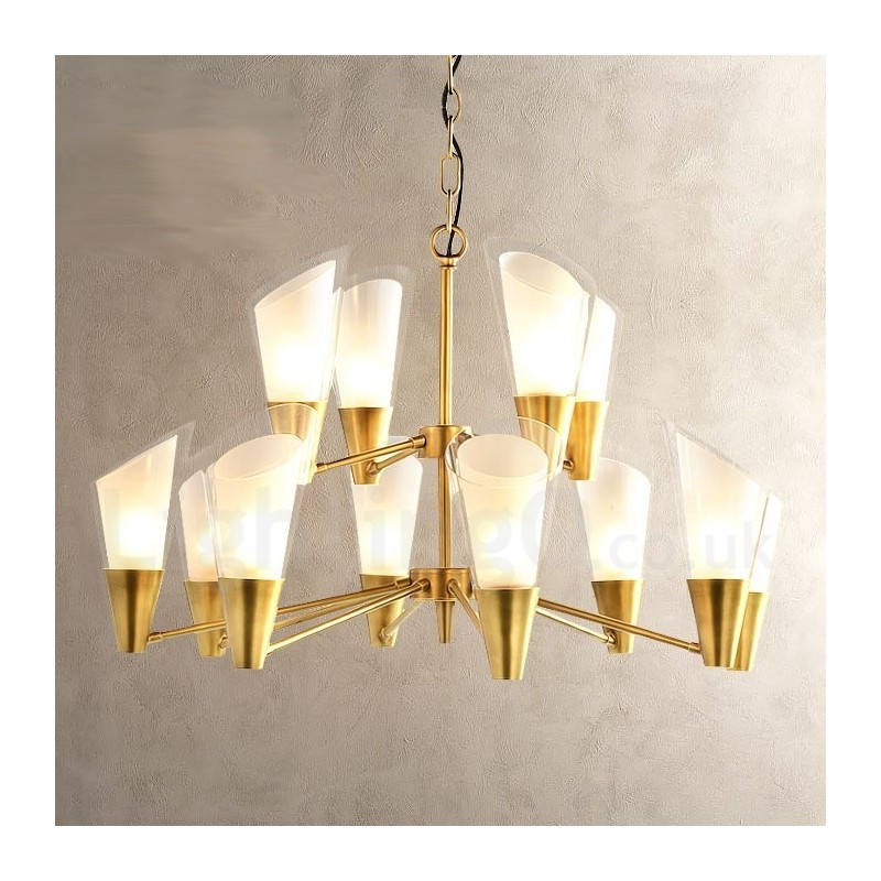 Lampadario a sospensione in ottone retrò rustico con 12 luci e paralumi in vetro E14